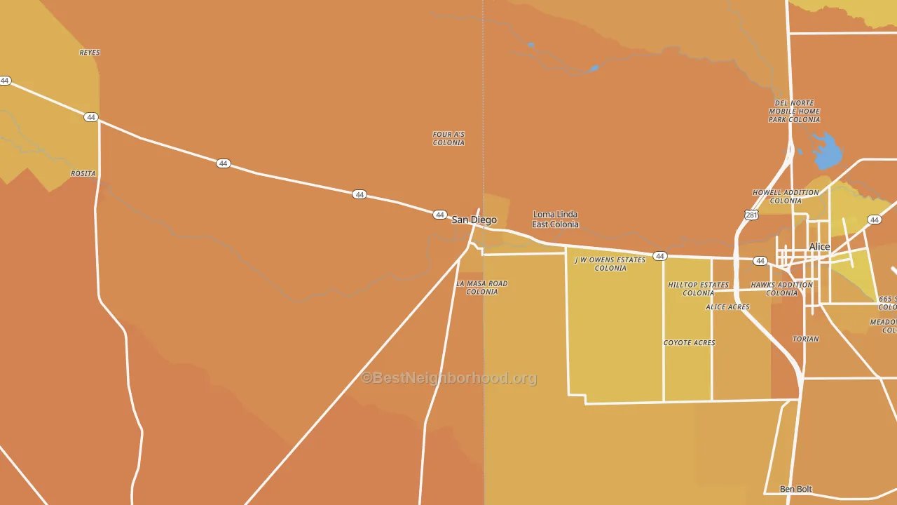 Map of the best neighborhoods in the San Diego area, with better matches in green and worse matches in red