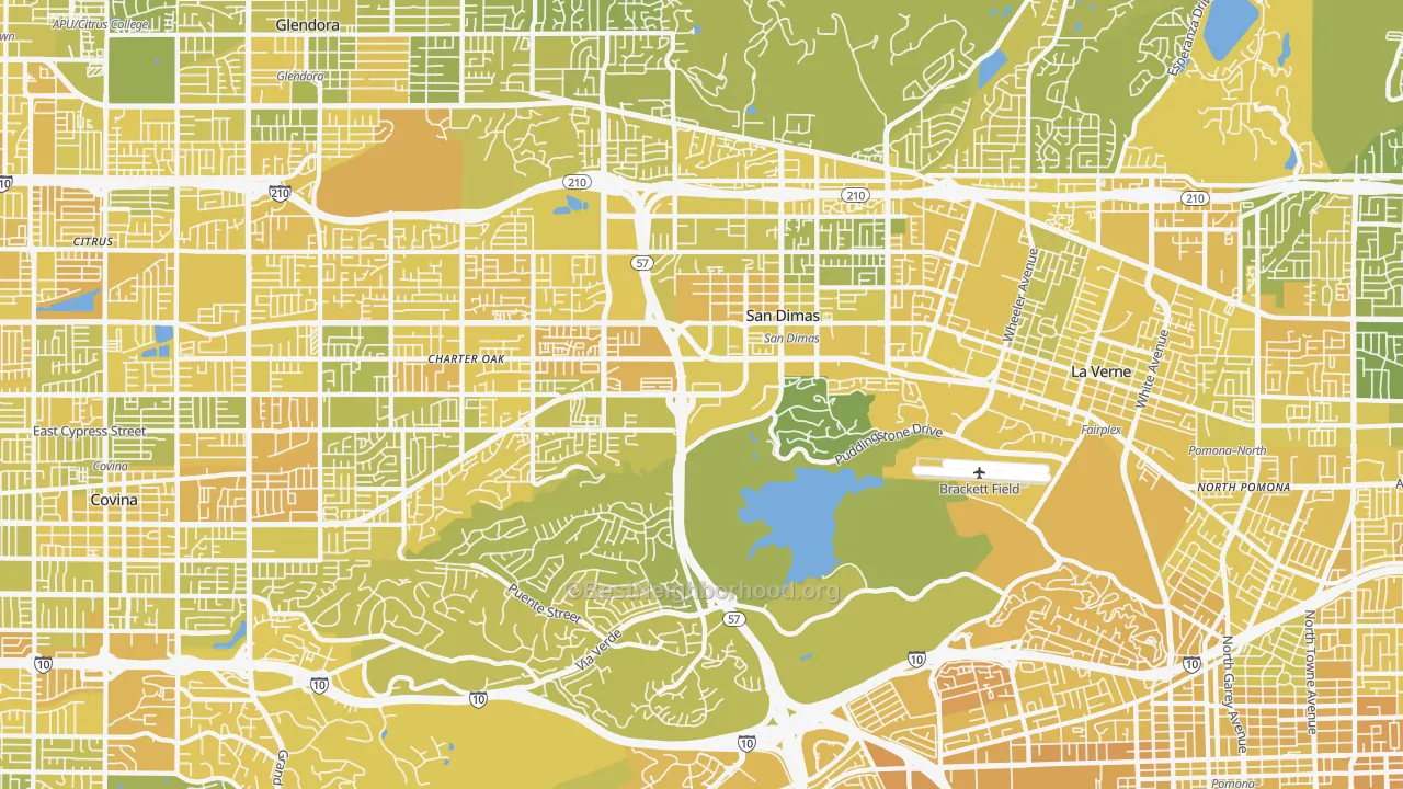 Map of the best neighborhoods in the San Dimas area, with better matches in green and worse matches in red