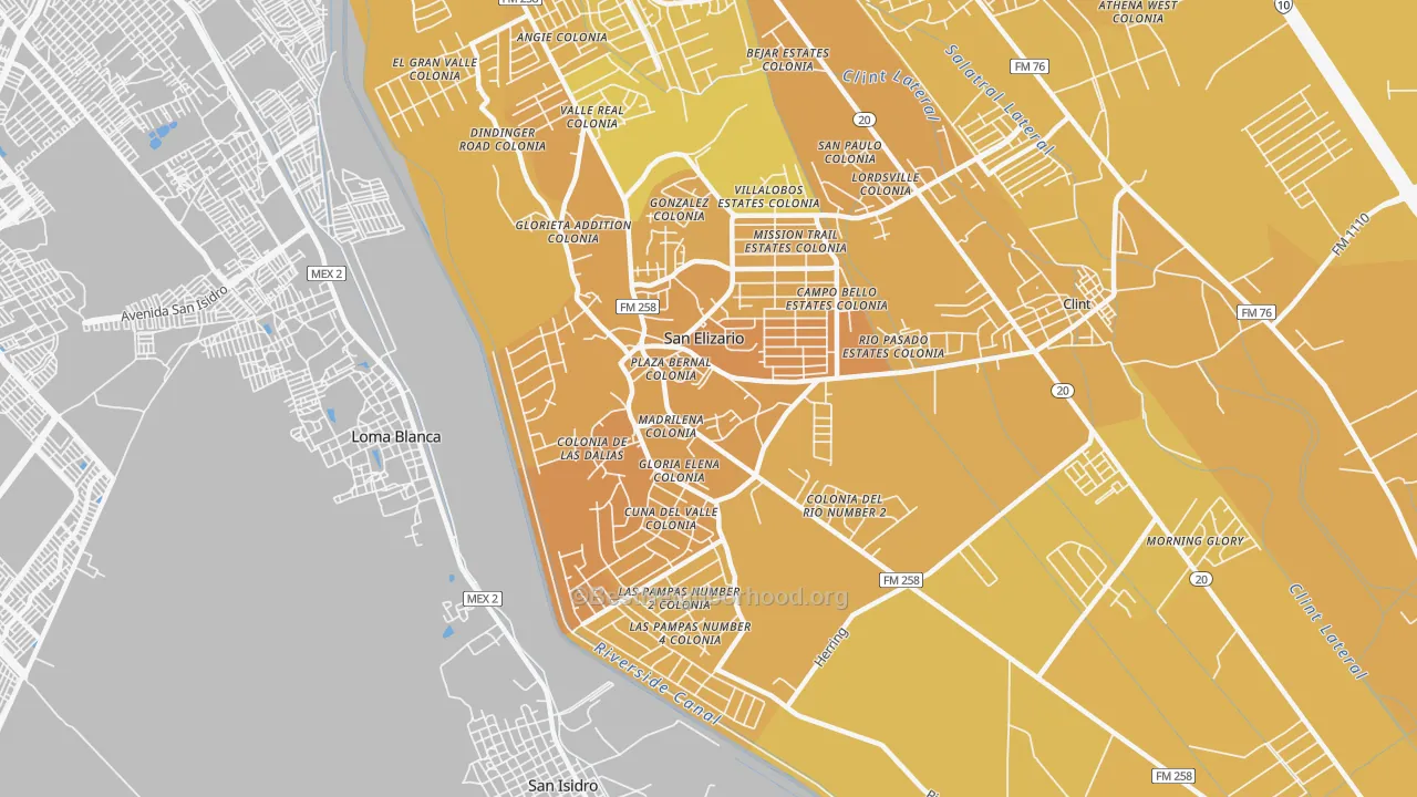 Map of the best neighborhoods in the San Elizario area, with better matches in green and worse matches in red