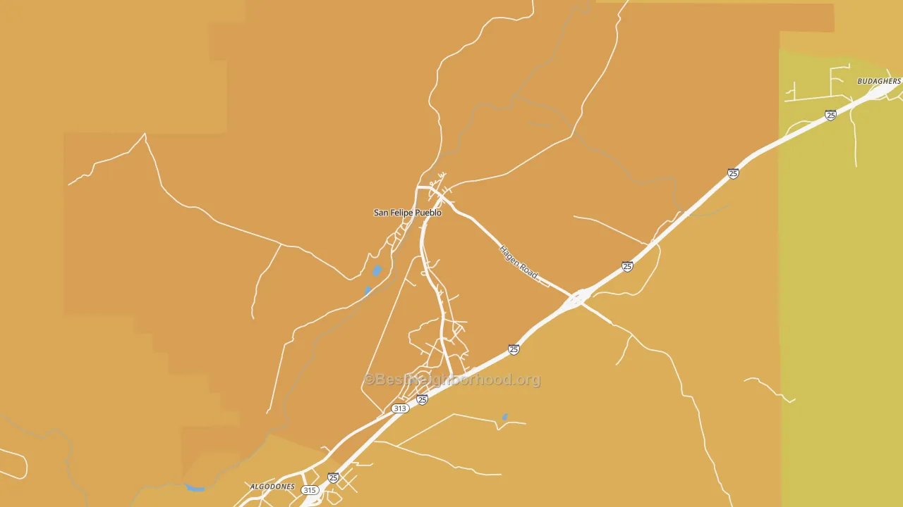 Map of the best neighborhoods in the San Felipe Pueblo area, with better matches in green and worse matches in red