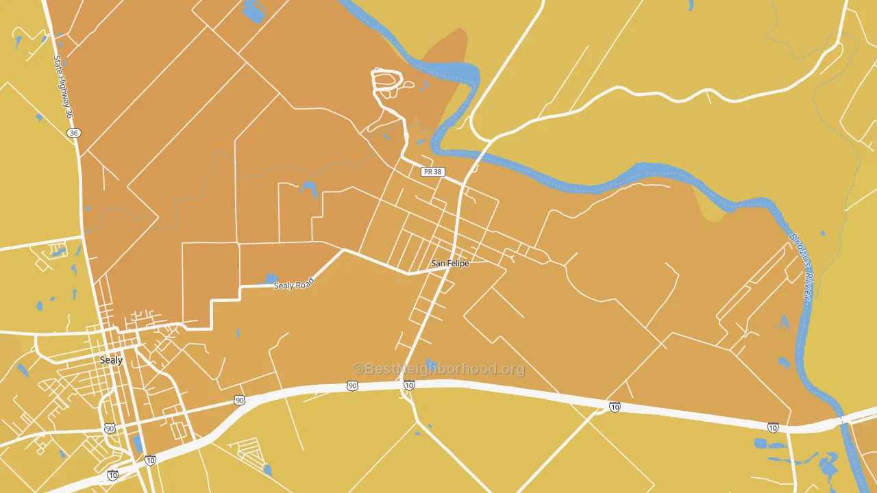 Map of the best neighborhoods in the San Felipe area, with better matches in green and worse matches in red