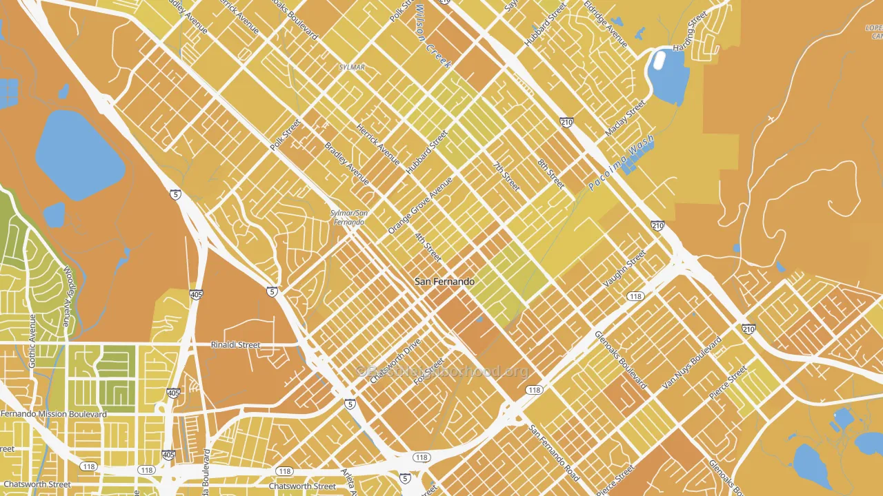 Map of the best neighborhoods in the San Fernando area, with better matches in green and worse matches in red