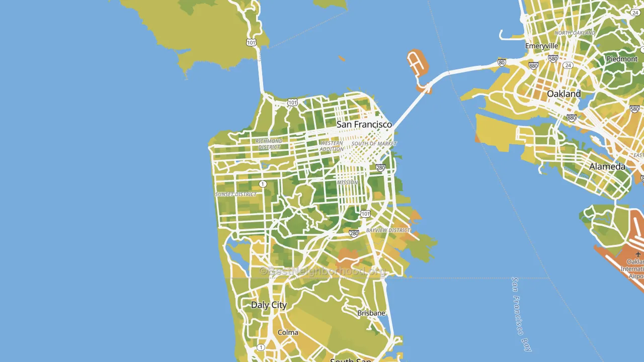 Map of the best neighborhoods in the San Francisco Metro area, with better matches in green and worse matches in red