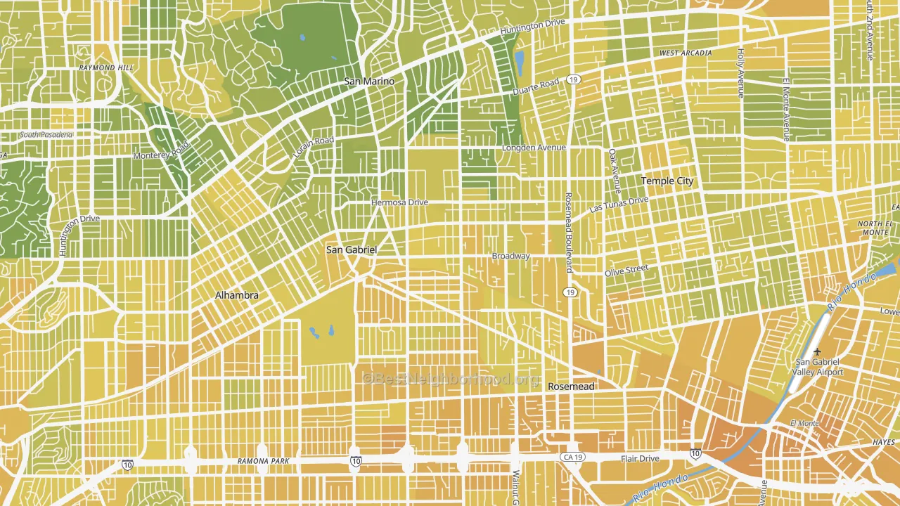 Map of the best neighborhoods in the San Gabriel area, with better matches in green and worse matches in red