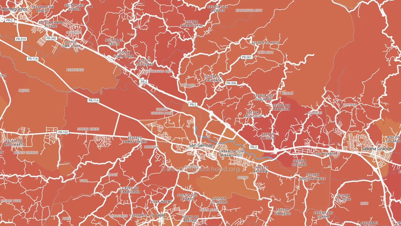 Map of the best neighborhoods in the San German Municipio area, with better matches in green and worse matches in red