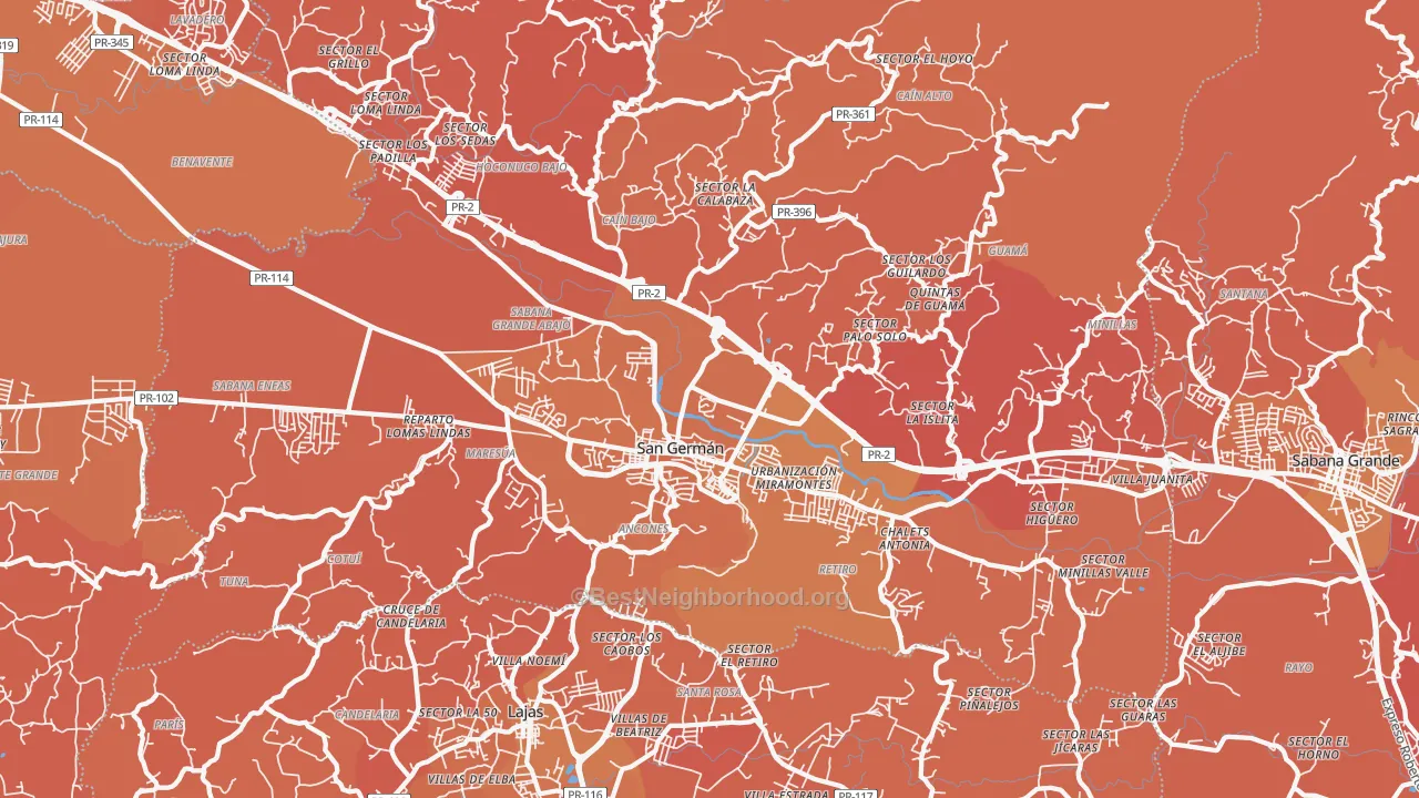 Map of the best neighborhoods in the San German area, with better matches in green and worse matches in red