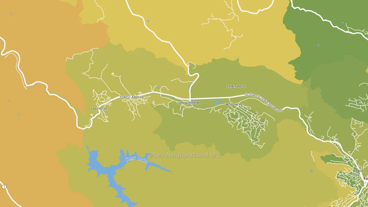 Map of the best neighborhoods in the San Geronimo area, with better matches in green and worse matches in red