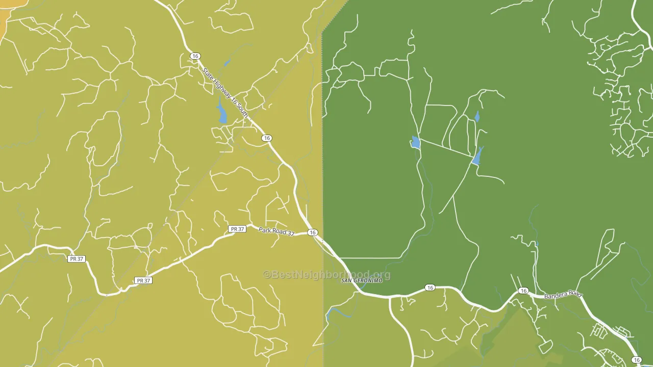 Map of the best neighborhoods in the San Geronimo area, with better matches in green and worse matches in red