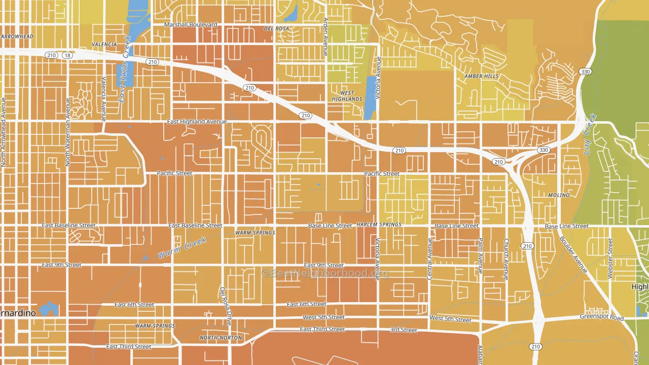 Map of the best neighborhoods in the San Gorgonio, Highland area, with better matches in green and worse matches in red