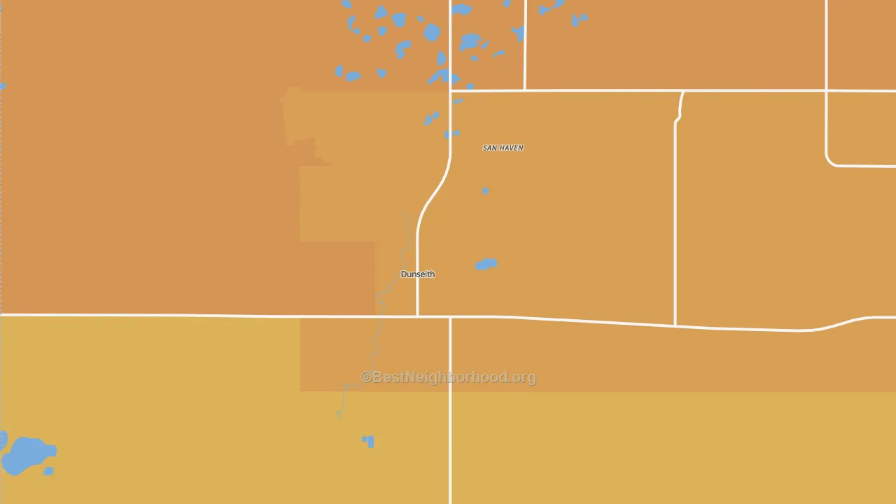 Map of the best neighborhoods in the San Haven area, with better matches in green and worse matches in red