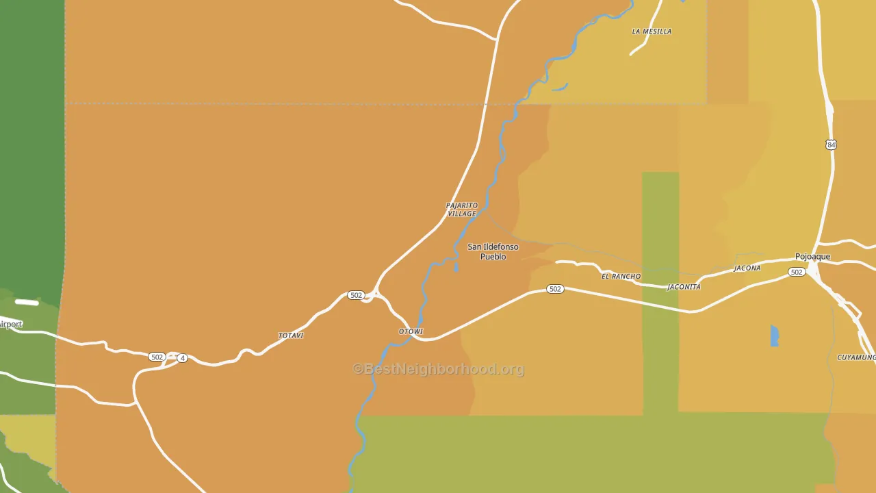 Map of the best neighborhoods in the San Ildefonso Pueblo area, with better matches in green and worse matches in red