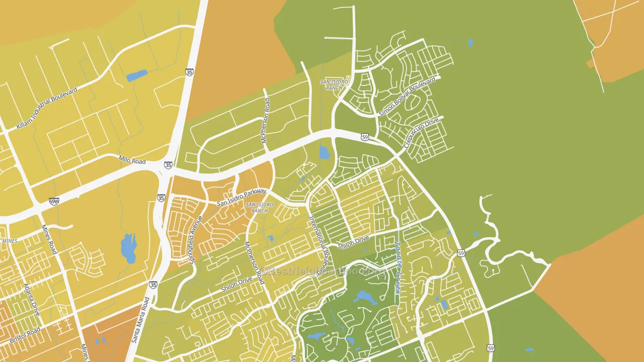 Map of the best neighborhoods in the San Isidro, Laredo area, with better matches in green and worse matches in red