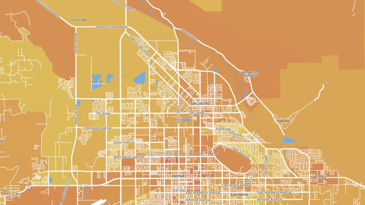 Map of the best neighborhoods in the San Jacinto area, with better matches in green and worse matches in red
