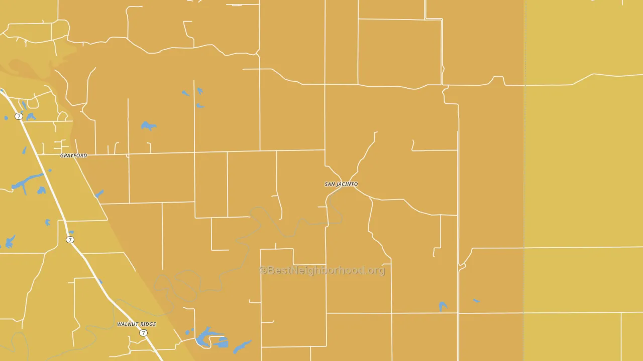 Map of the best neighborhoods in the San Jacinto area, with better matches in green and worse matches in red