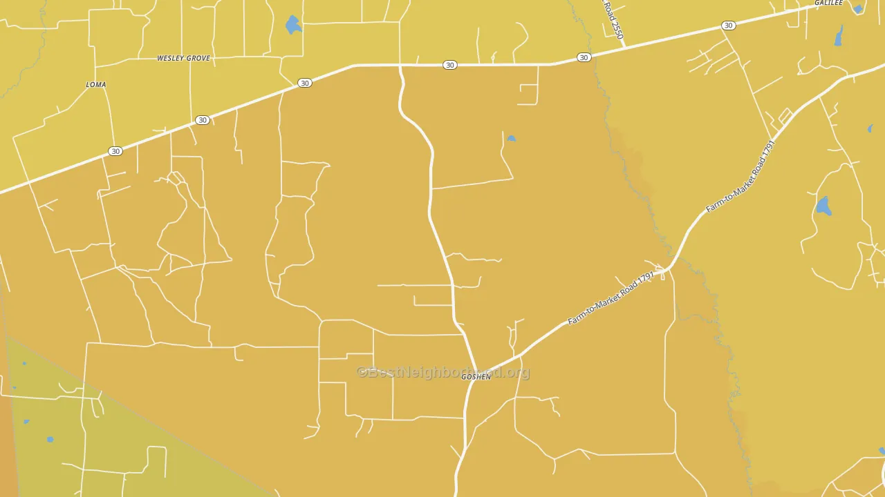 Map of the best neighborhoods in the San Jacinto area, with better matches in green and worse matches in red