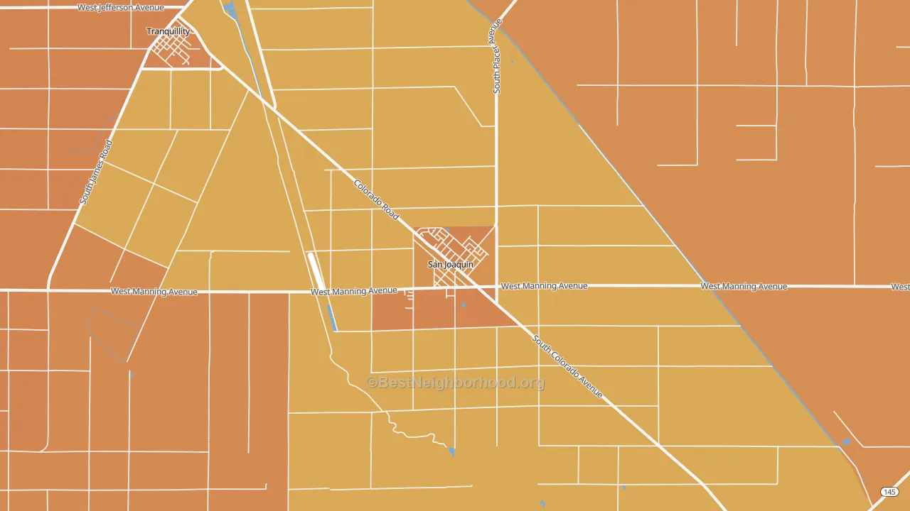 Map of the best neighborhoods in the San Joaquin area, with better matches in green and worse matches in red