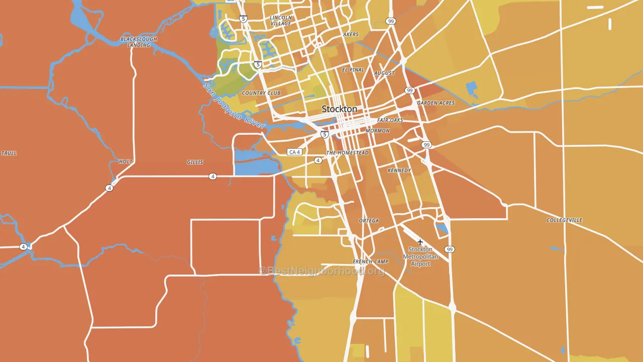 Map of the best neighborhoods in the San Joaquin County area, with better matches in green and worse matches in red