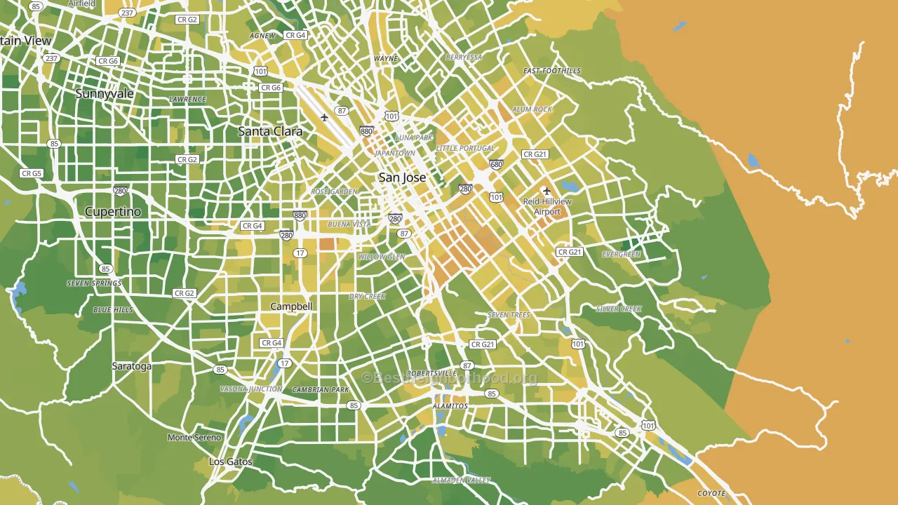 Map of the best neighborhoods in the San Jose Metro area, with better matches in green and worse matches in red