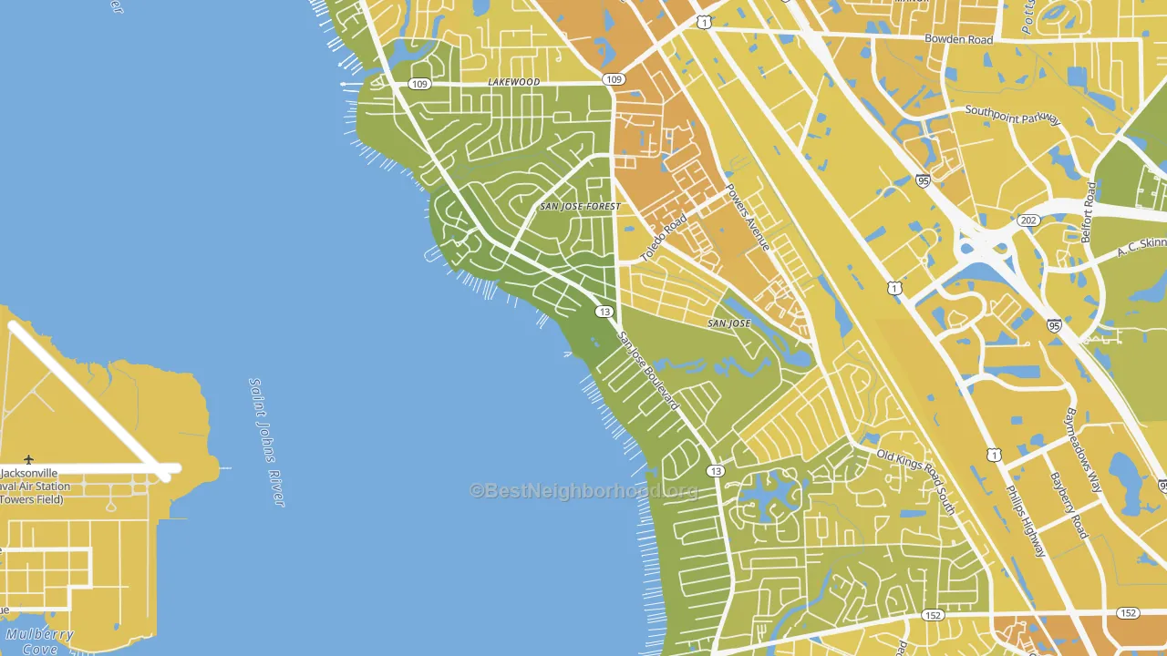 Map of the best neighborhoods in the San Jose Forest, Jacksonville area, with better matches in green and worse matches in red