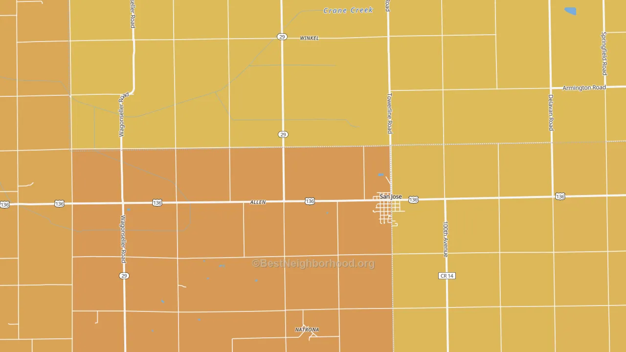 Map of the best neighborhoods in the San Jose area, with better matches in green and worse matches in red