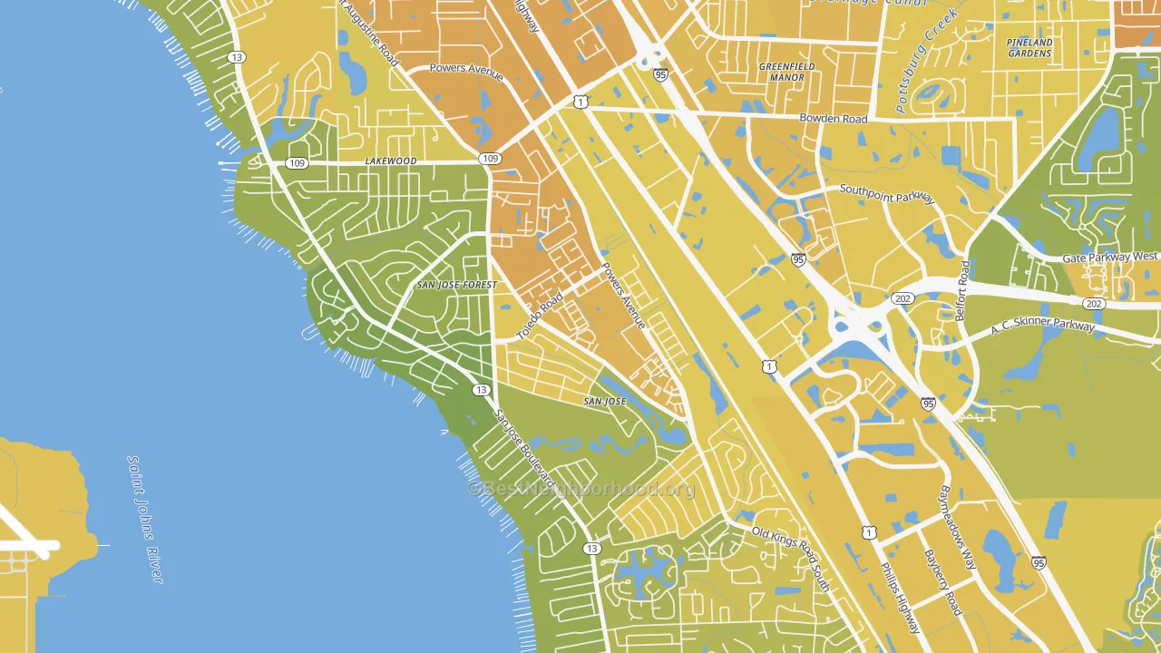 Map of the best neighborhoods in the San Jose, Jacksonville area, with better matches in green and worse matches in red