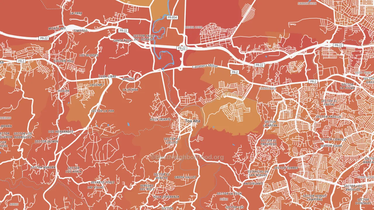 Map of the best neighborhoods in the San Jose area, with better matches in green and worse matches in red