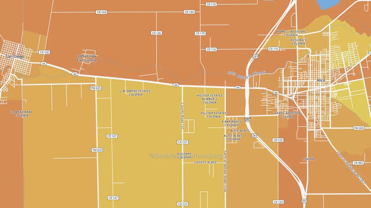 Map of the best neighborhoods in the San Jose area, with better matches in green and worse matches in red