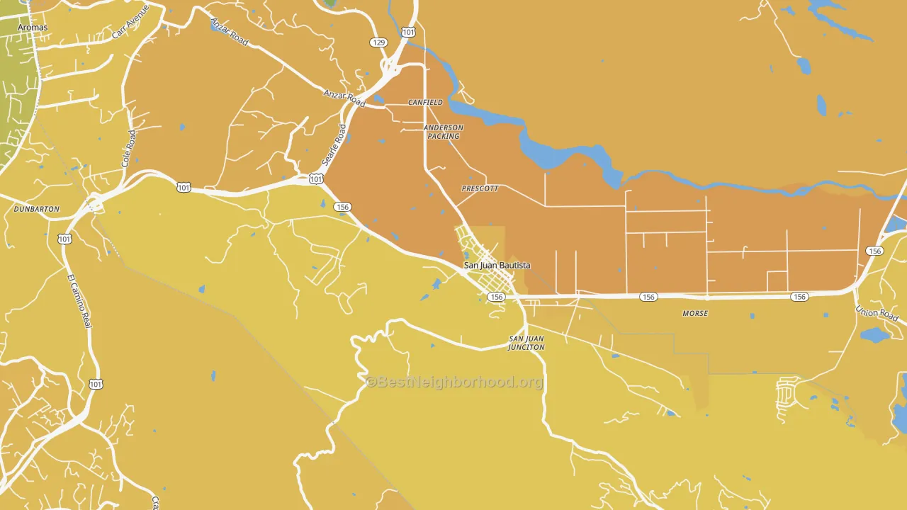 Map of the best neighborhoods in the San Juan Bautista area, with better matches in green and worse matches in red