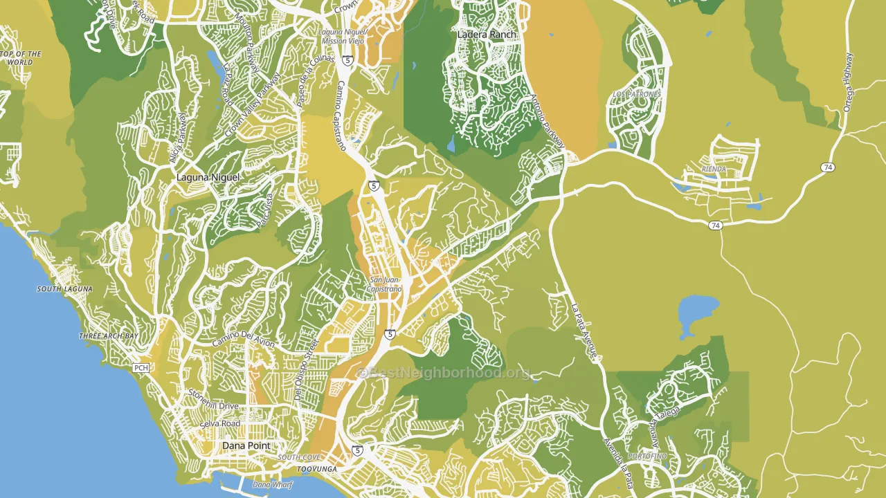 Map of the best neighborhoods in the San Juan Capistrano area, with better matches in green and worse matches in red