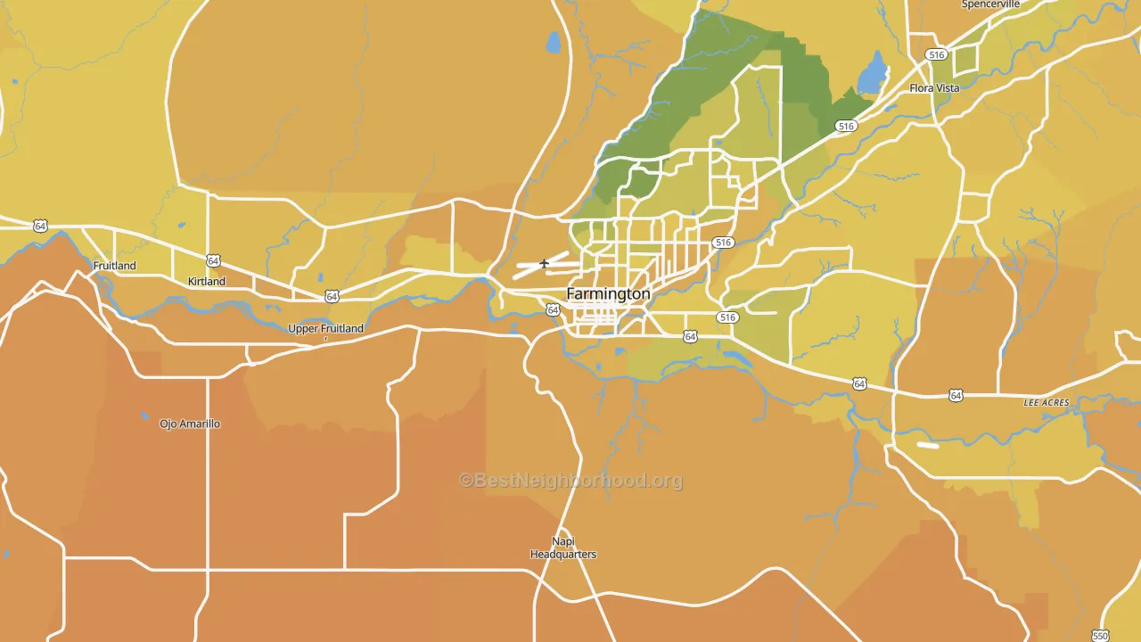 Map of the best neighborhoods in the San Juan County area, with better matches in green and worse matches in red