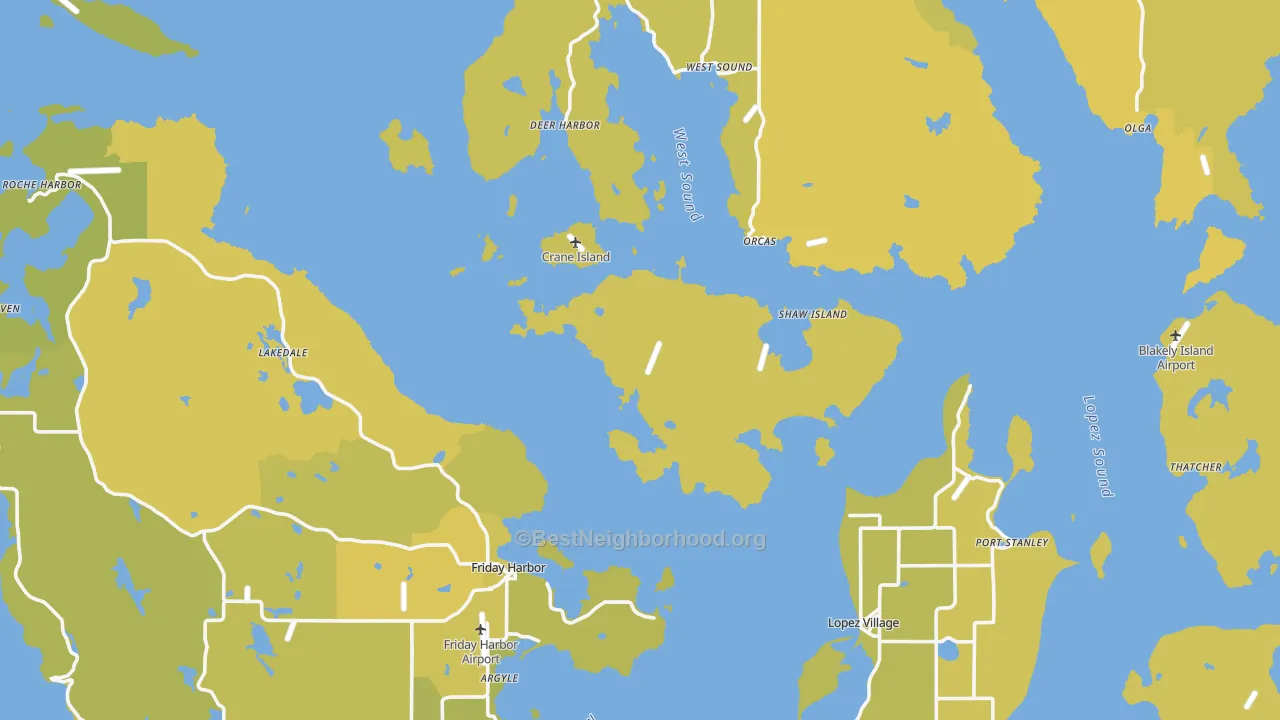 Map of the best neighborhoods in the San Juan County area, with better matches in green and worse matches in red