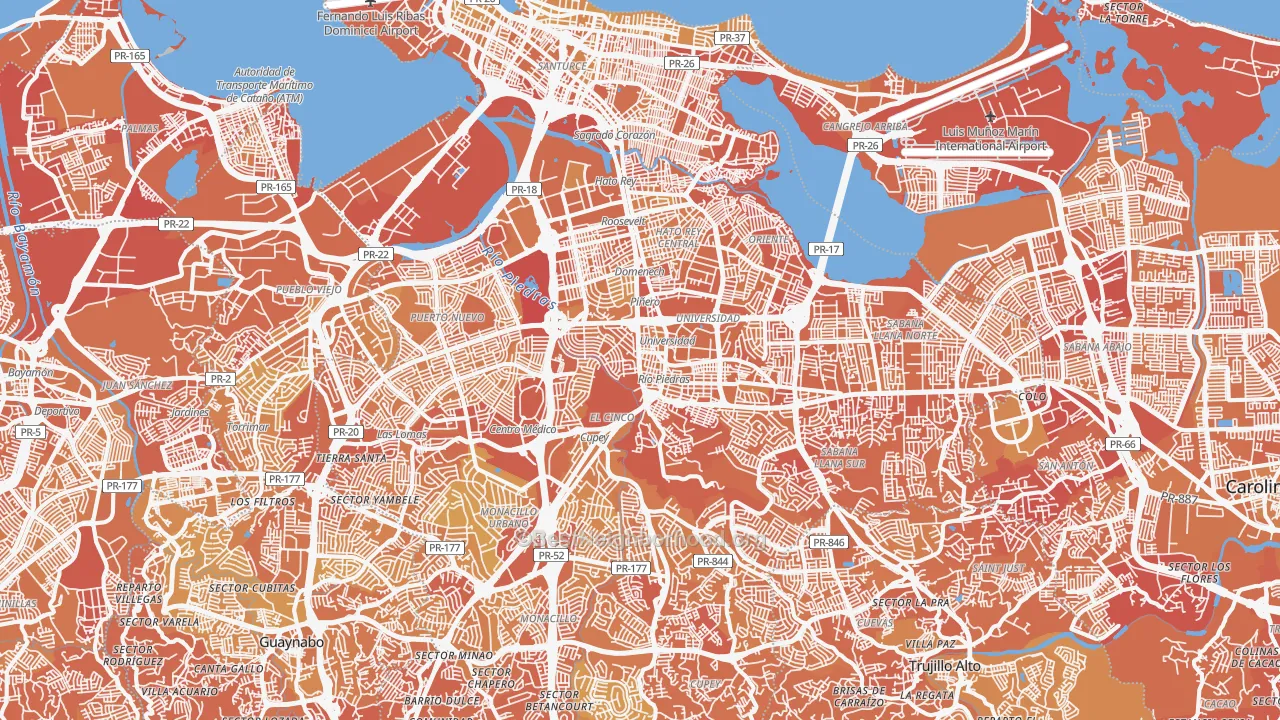 Map of the best neighborhoods in the San Juan Municipio area, with better matches in green and worse matches in red