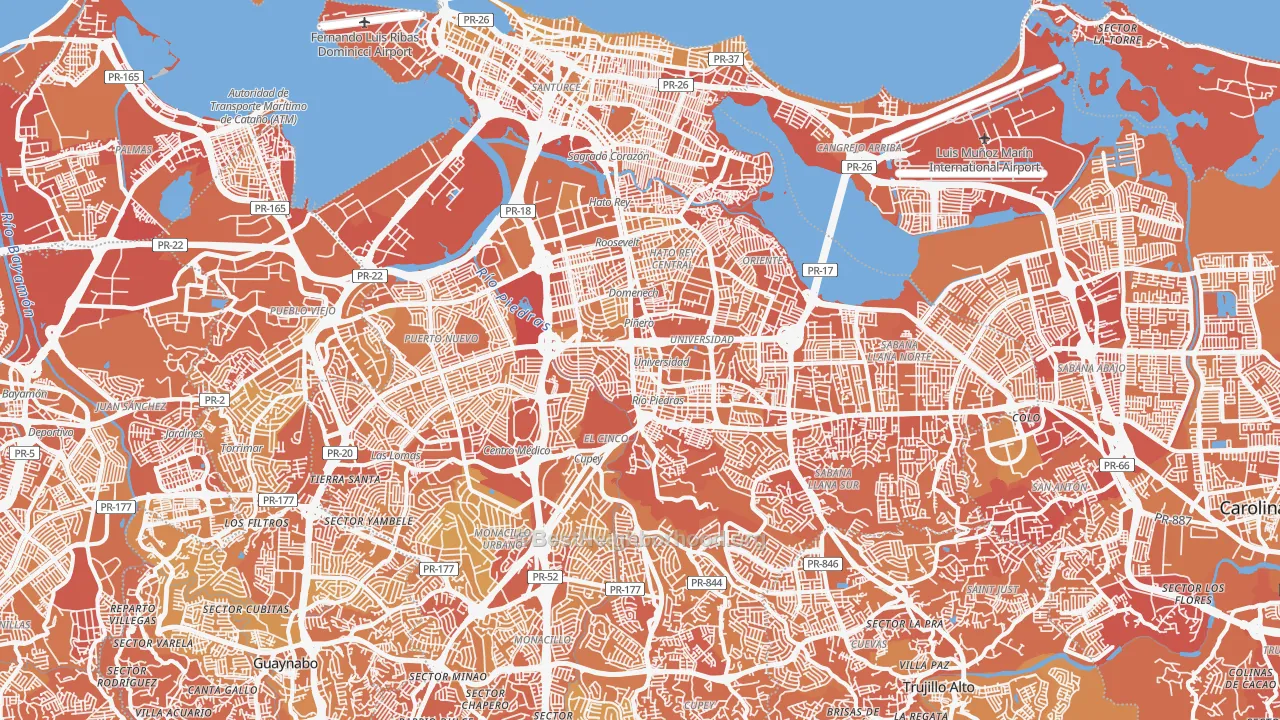 Map of the best neighborhoods in the San Juan area, with better matches in green and worse matches in red