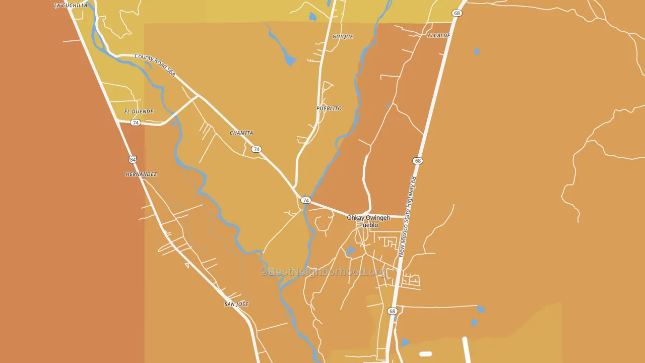 Map of the best neighborhoods in the San Juan Pueblo area, with better matches in green and worse matches in red