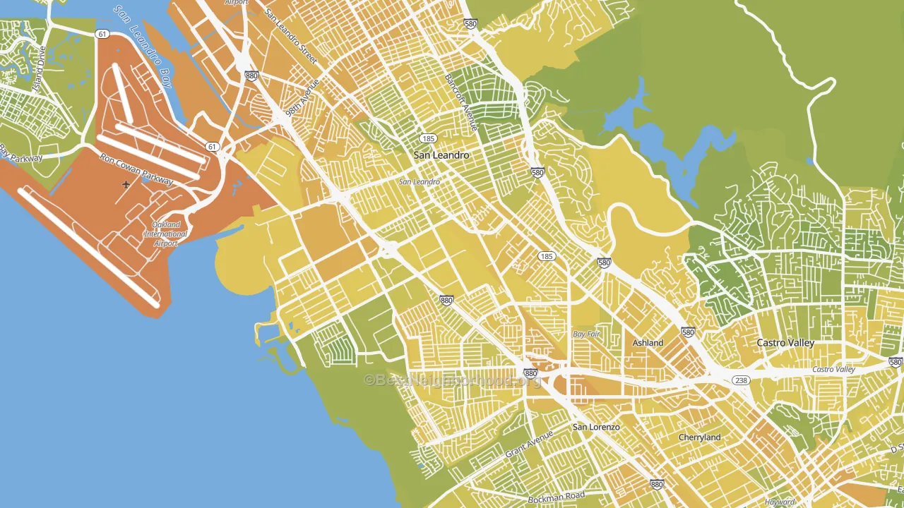 Map of the best neighborhoods in the San Leandro area, with better matches in green and worse matches in red