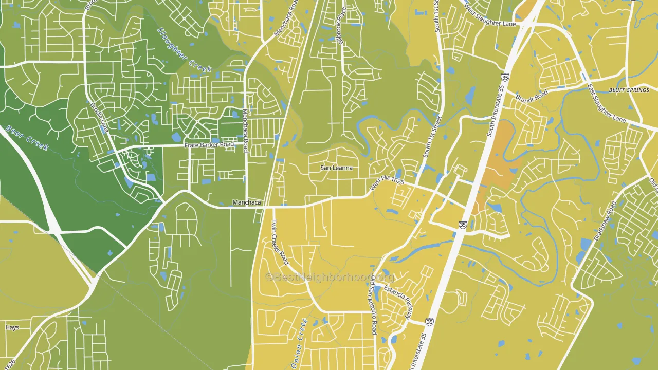 Map of the best neighborhoods in the San Leanna area, with better matches in green and worse matches in red