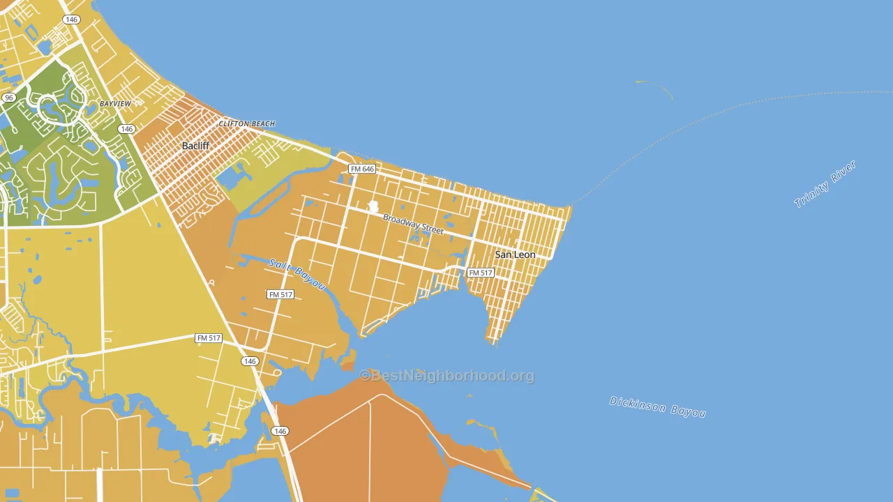 Map of the best neighborhoods in the San Leon area, with better matches in green and worse matches in red