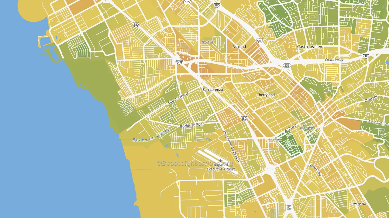 Map of the best neighborhoods in the San Lorenzo area, with better matches in green and worse matches in red