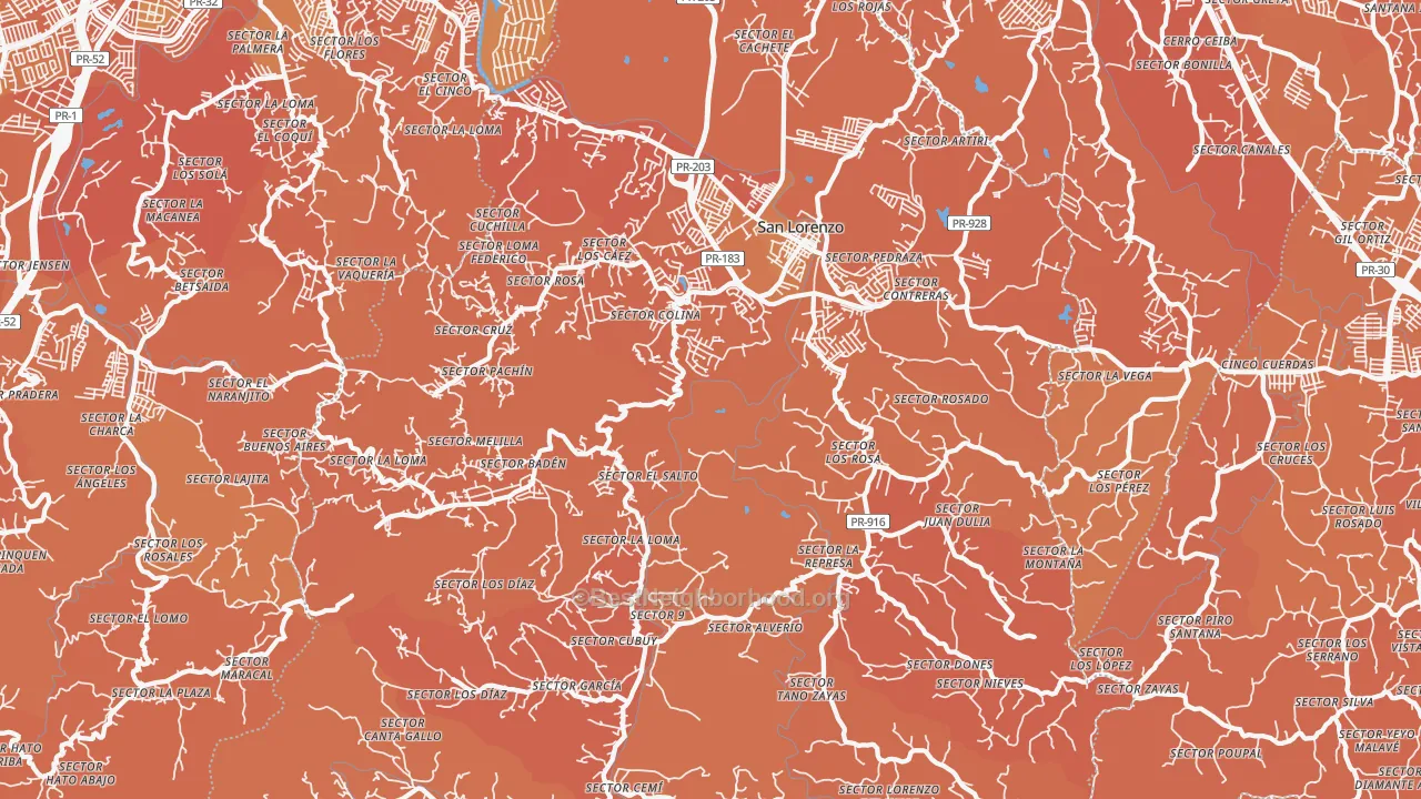 Map of the best neighborhoods in the San Lorenzo Municipio area, with better matches in green and worse matches in red