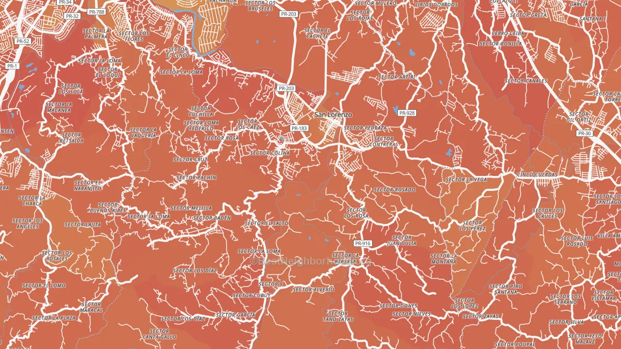 Map of the best neighborhoods in the San Lorenzo area, with better matches in green and worse matches in red