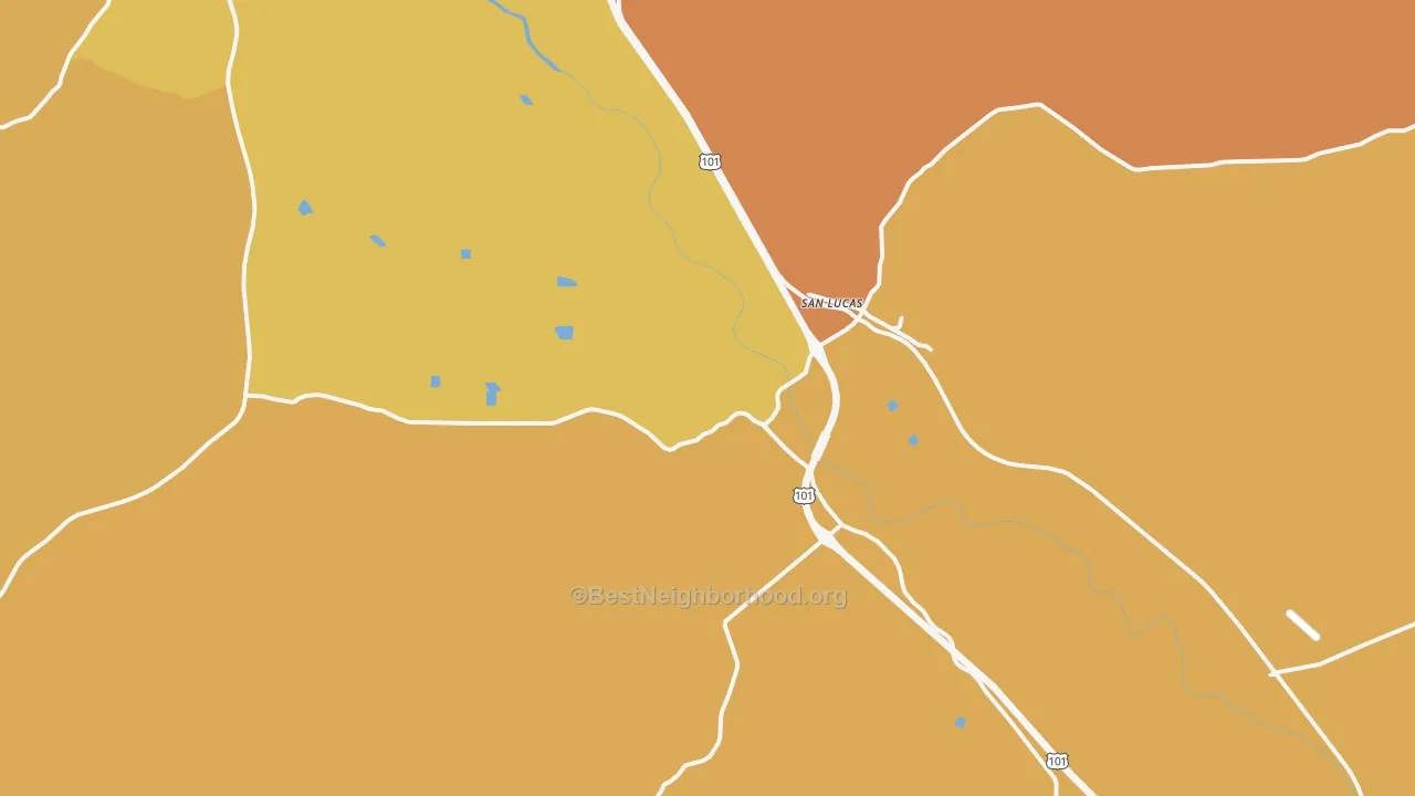 Map of the best neighborhoods in the San Lucas area, with better matches in green and worse matches in red