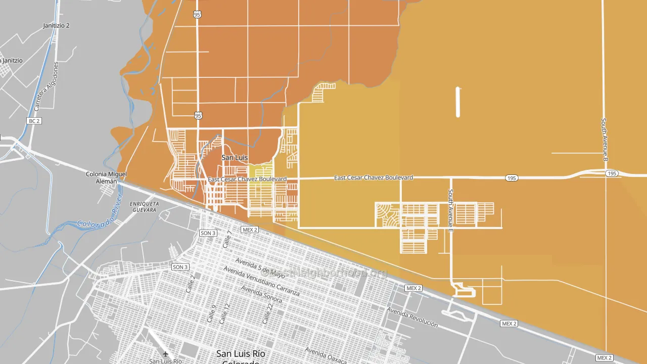 Map of the best neighborhoods in the San Luis area, with better matches in green and worse matches in red