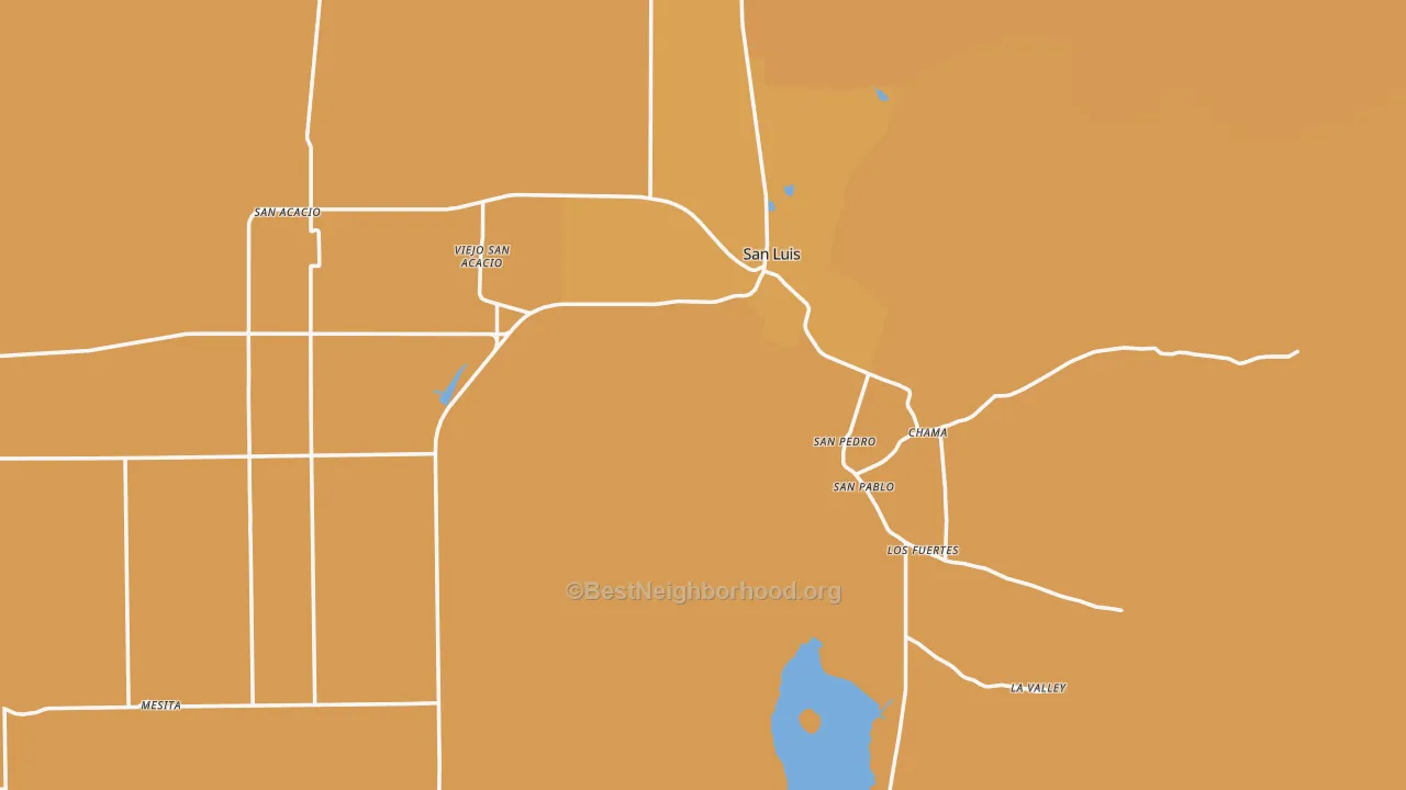 Map of the best neighborhoods in the San Luis area, with better matches in green and worse matches in red