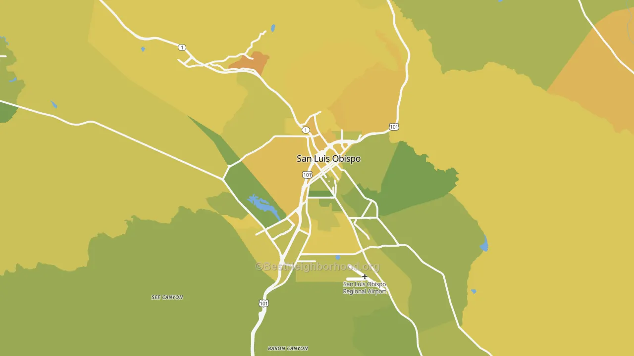 Map of the best neighborhoods in the San Luis Obispo Metro area, with better matches in green and worse matches in red