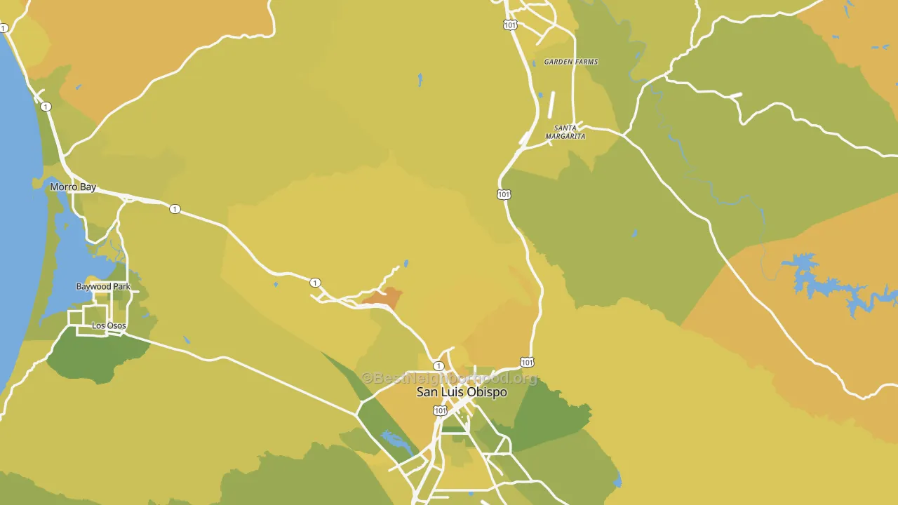 Map of the best neighborhoods in the San Luis Obispo County area, with better matches in green and worse matches in red
