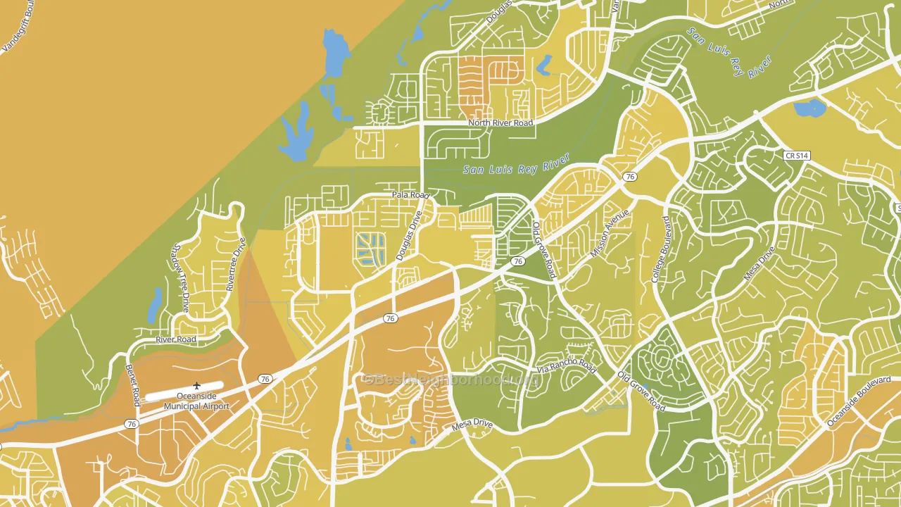 Map of the best neighborhoods in the San Luis Rey, Oceanside area, with better matches in green and worse matches in red