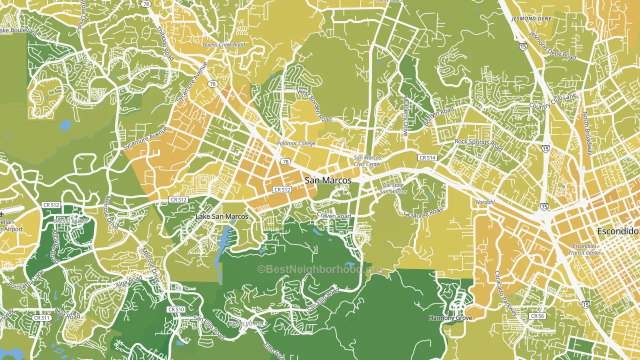 Map of the best neighborhoods in the San Marcos area, with better matches in green and worse matches in red