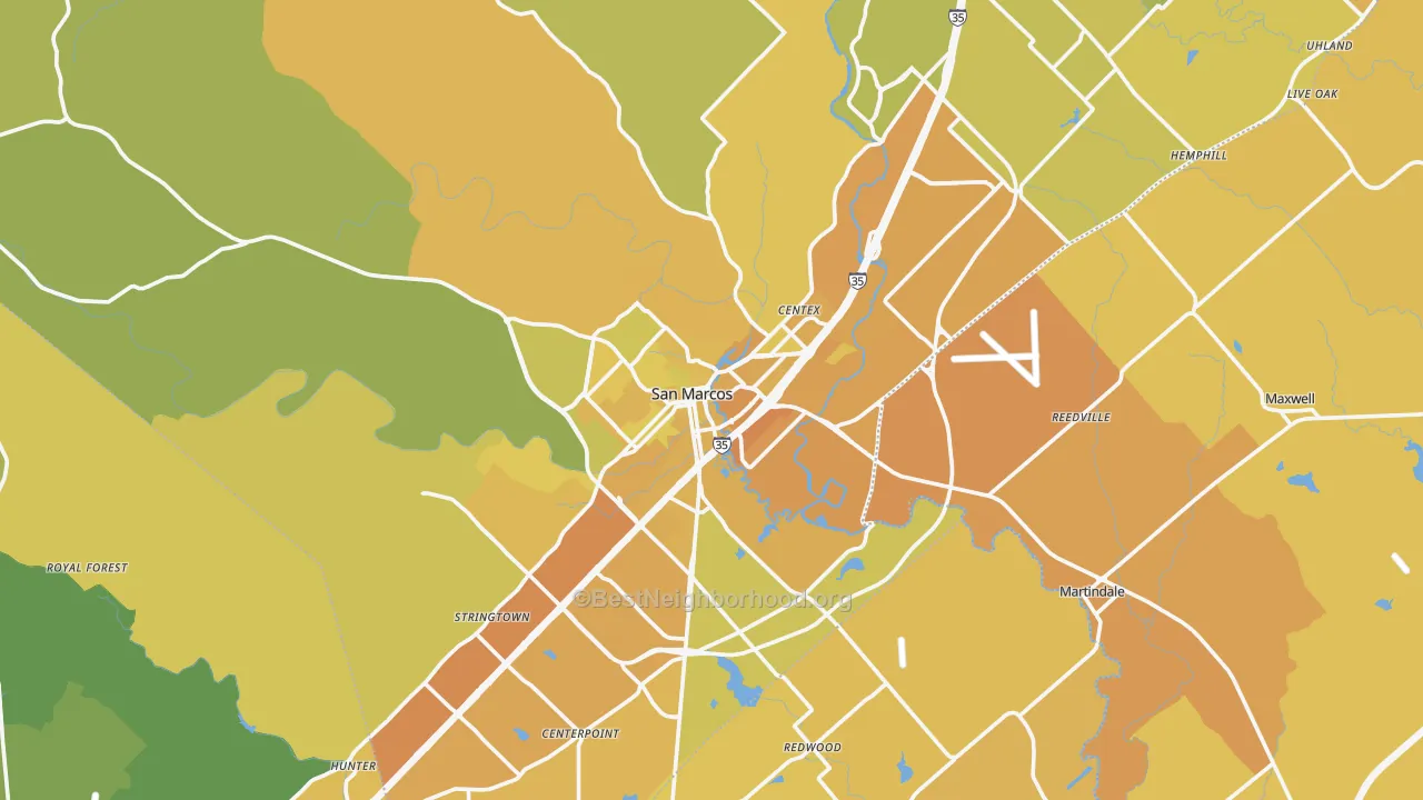 Map of the best neighborhoods in the San Marcos area, with better matches in green and worse matches in red