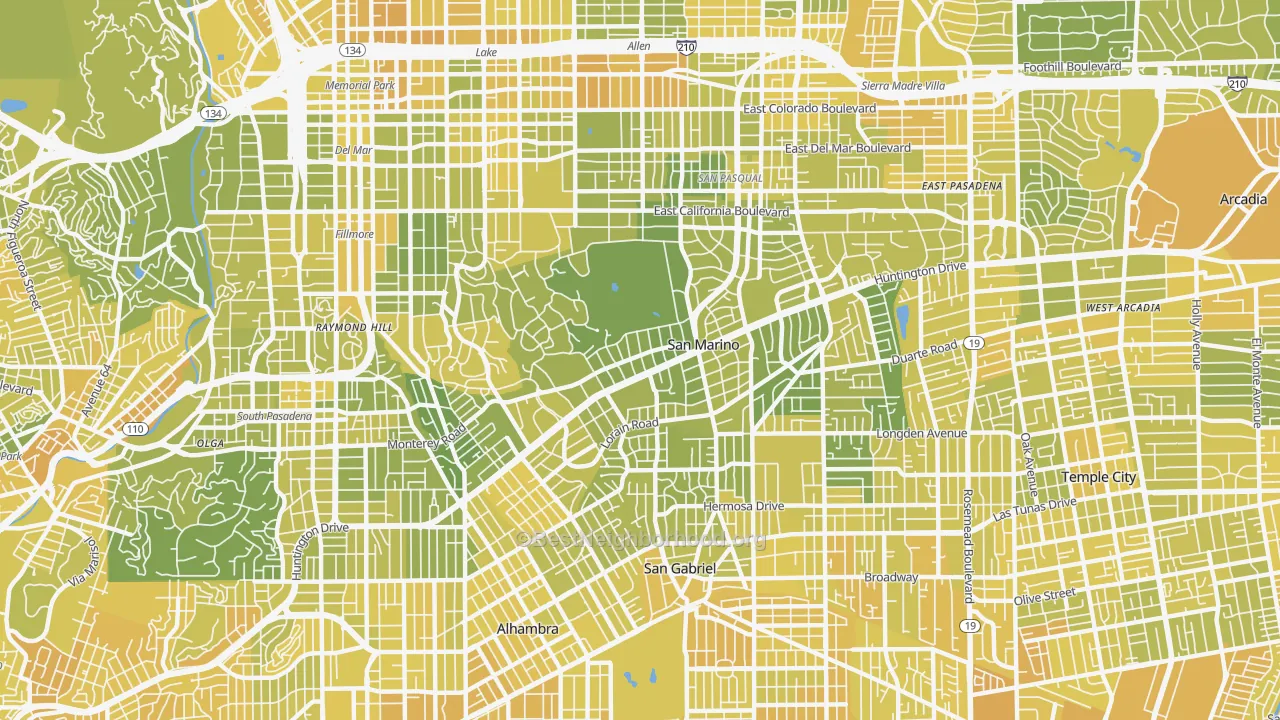 Map of the best neighborhoods in the San Marino area, with better matches in green and worse matches in red