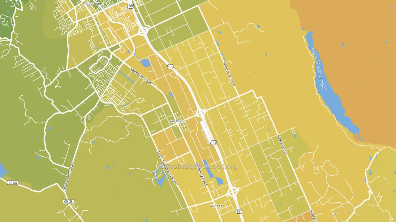 Map of the best neighborhoods in the San Martin area, with better matches in green and worse matches in red
